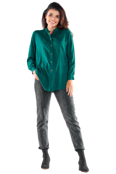 Koszula damska z wiskozy ze stójką rozpinana długi rękaw zielona